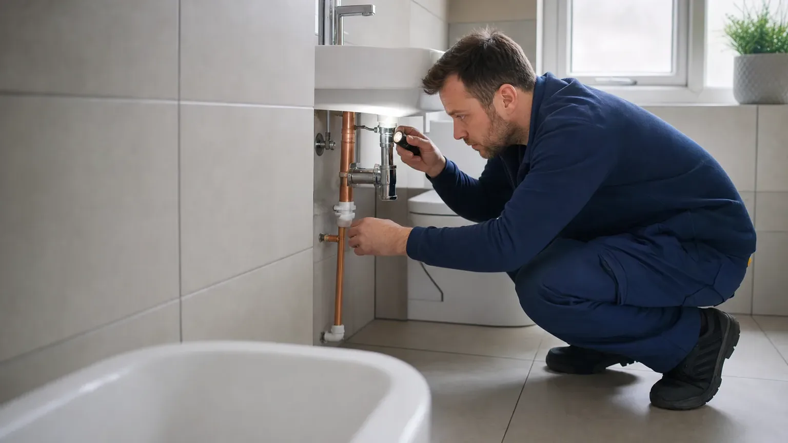 Illustrative AI-generated plumber inspecting pipework beneath a bathroom basin